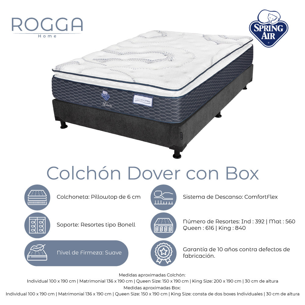 Colchón Spring Air Dover con Box con Ropa de Cama