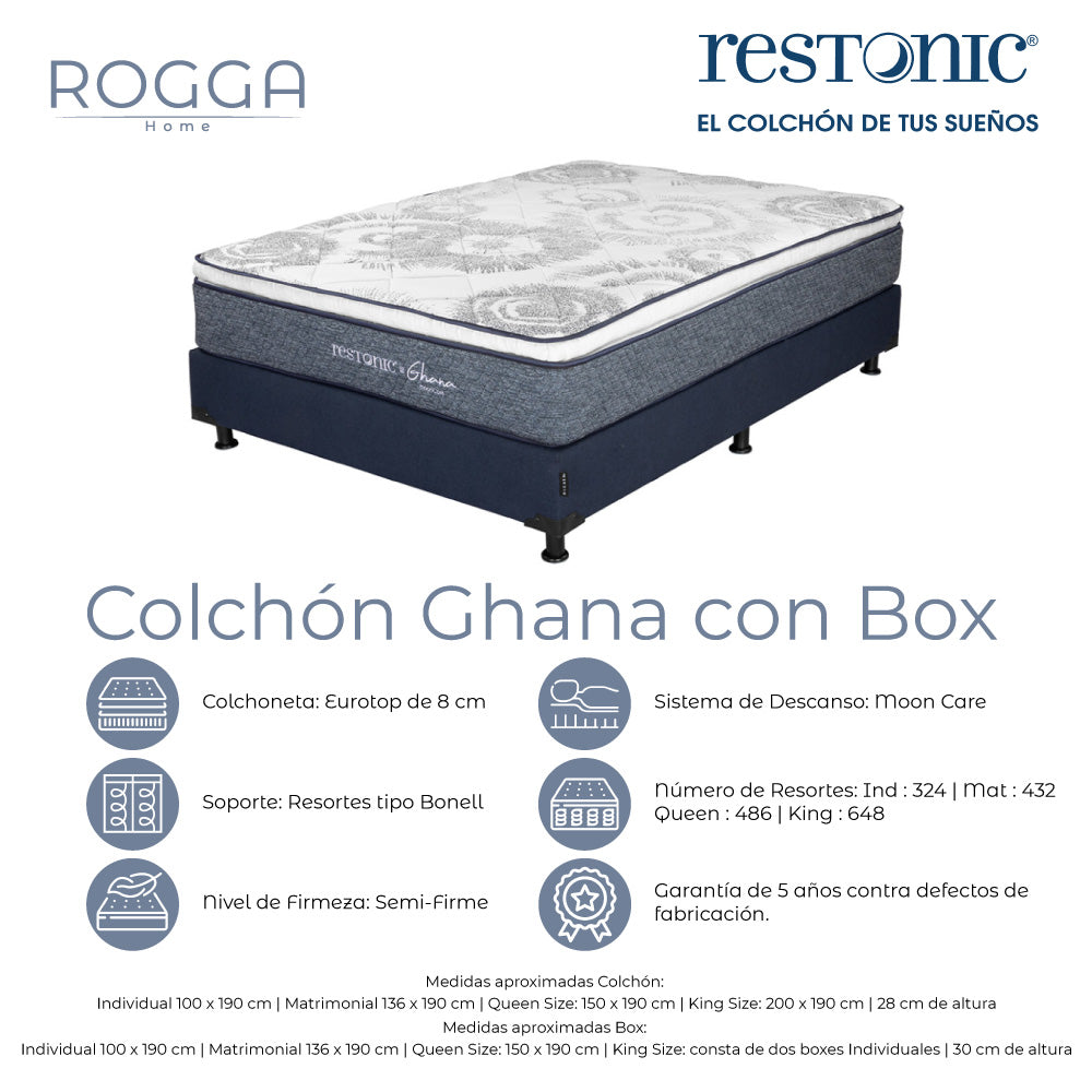 Colchón Restonic Ghana con Box con Ropa de Cama