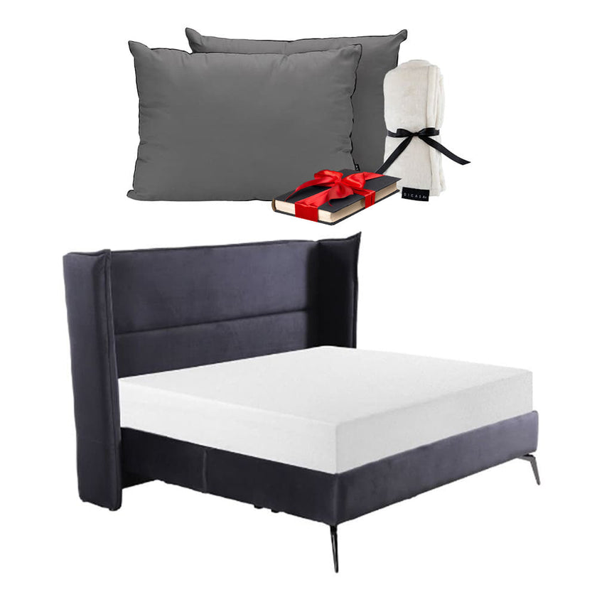 Cabecera Nix con Base Cama Gris. Regalo: Almohadas, Frazada y Libro