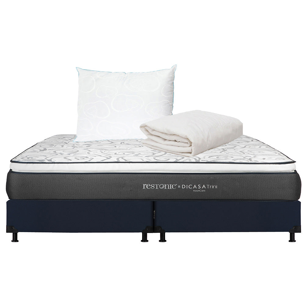 Colchón Restonic Trini con Box Azul con Ropa de Cama