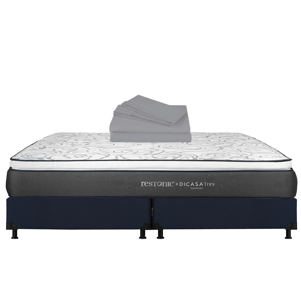 Colchón Restonic Trini con Box Azul con Ropa de Cama