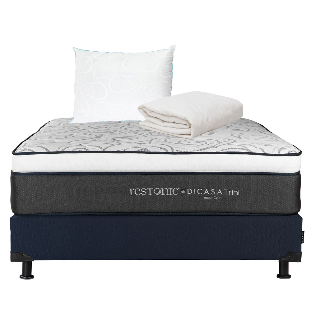 Colchón Restonic Trini con Box Azul con Ropa de Cama