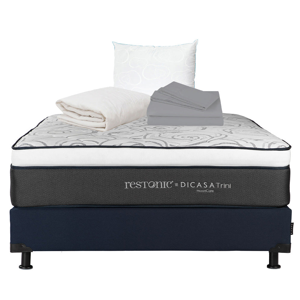 Colchón Restonic Trini con Box Azul con Ropa de Cama