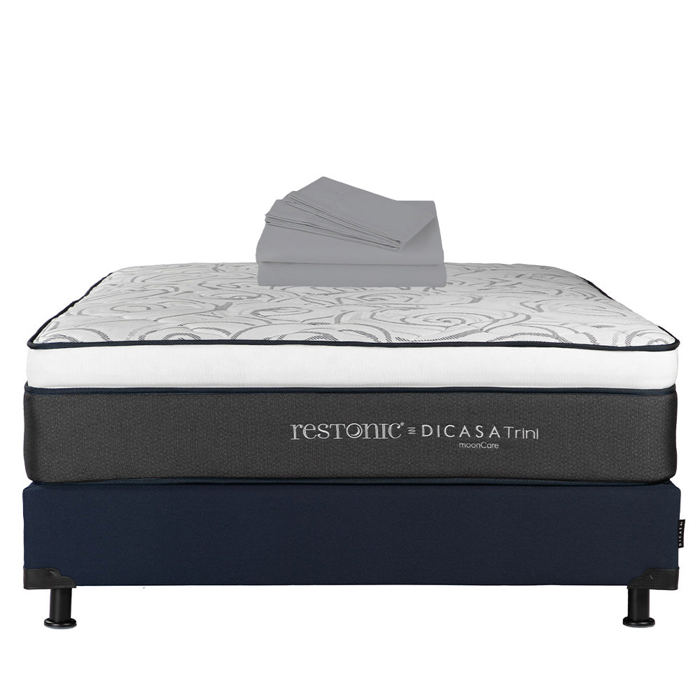 Colchón Restonic Trini con Box Azul con Ropa de Cama