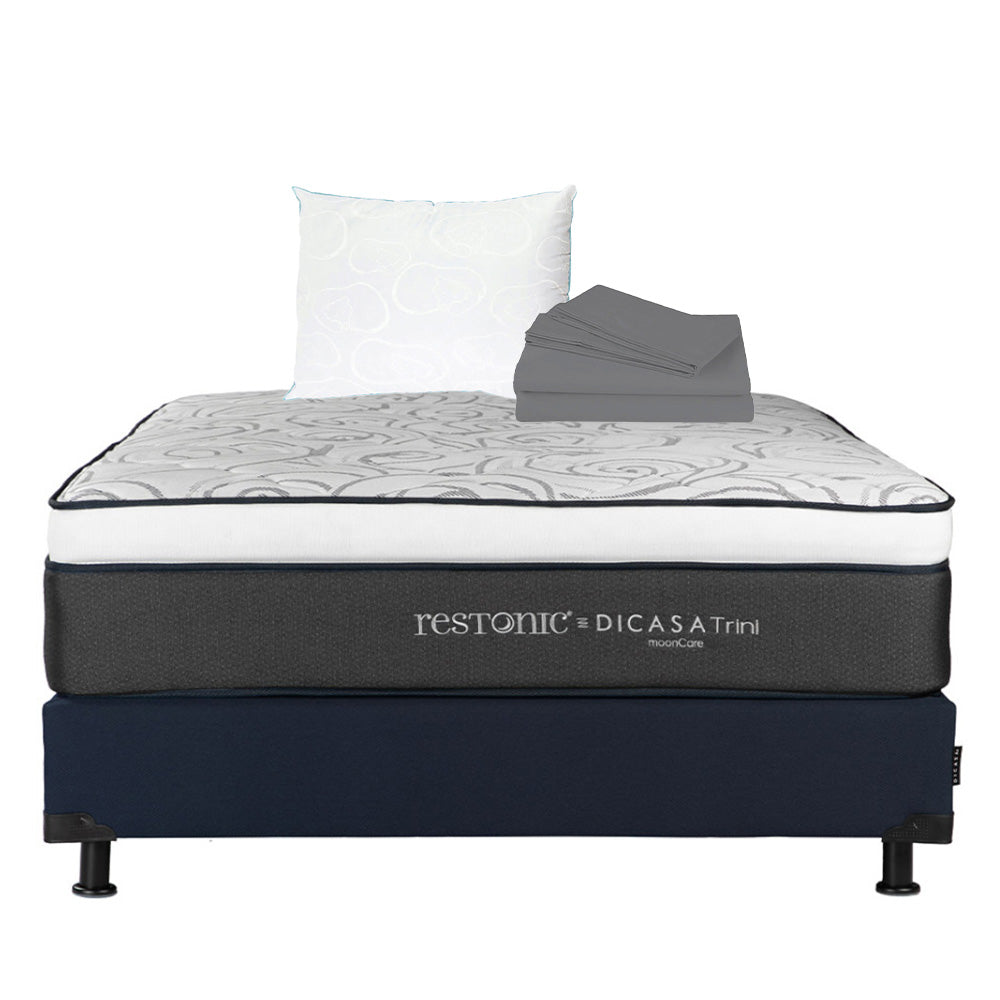 Colchón Restonic Trini con Box Azul con Ropa de Cama
