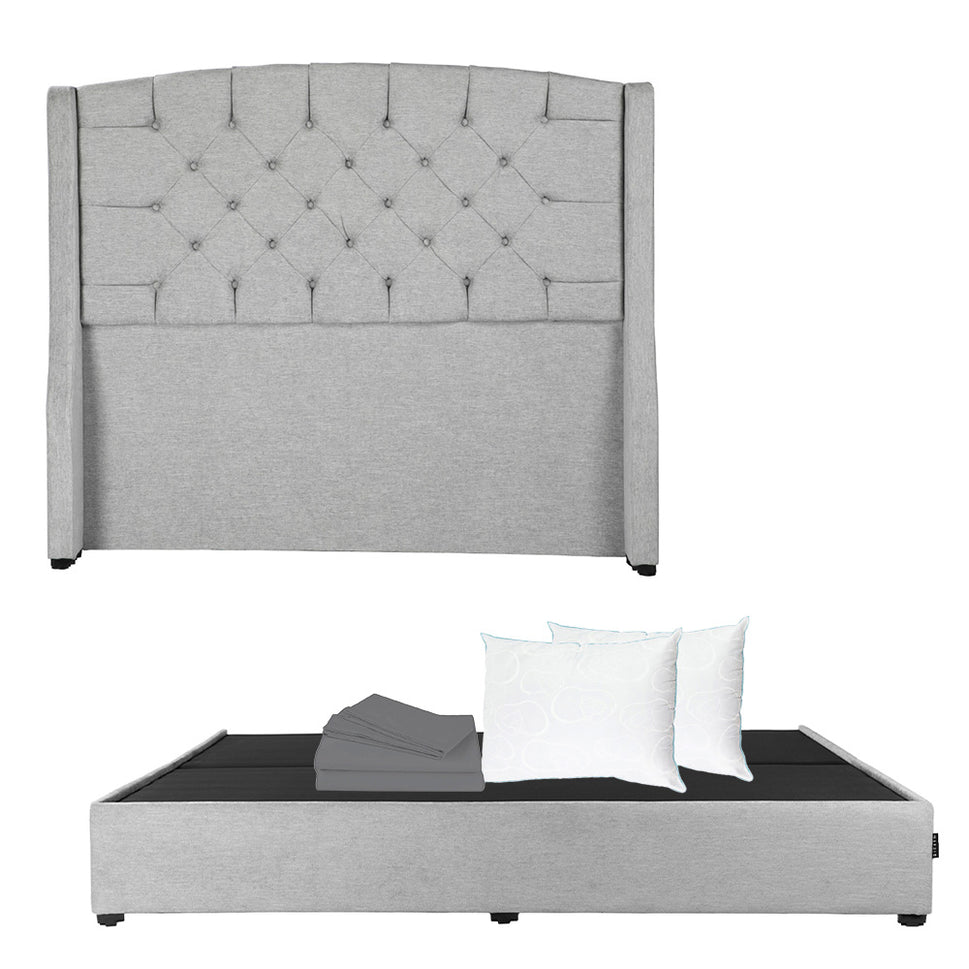 Cabecera Sitka con Base Cama Plata con Ropa de Cama