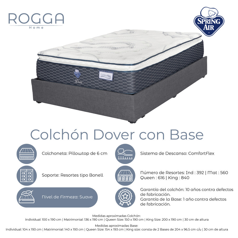 Colchón Spring Air Dover con Base Cama y Ropa de Cama