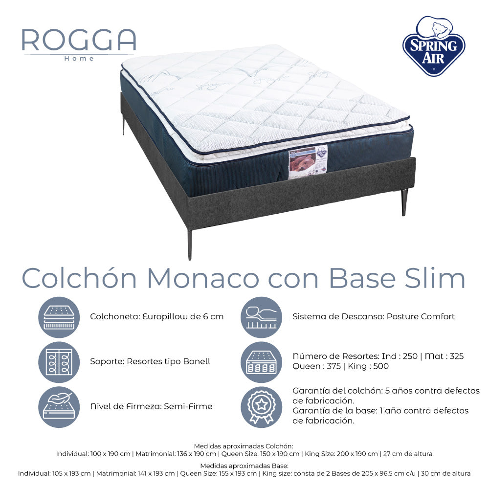 Colchón Spring Air Monaco con Base Cama y Ropa de Cama