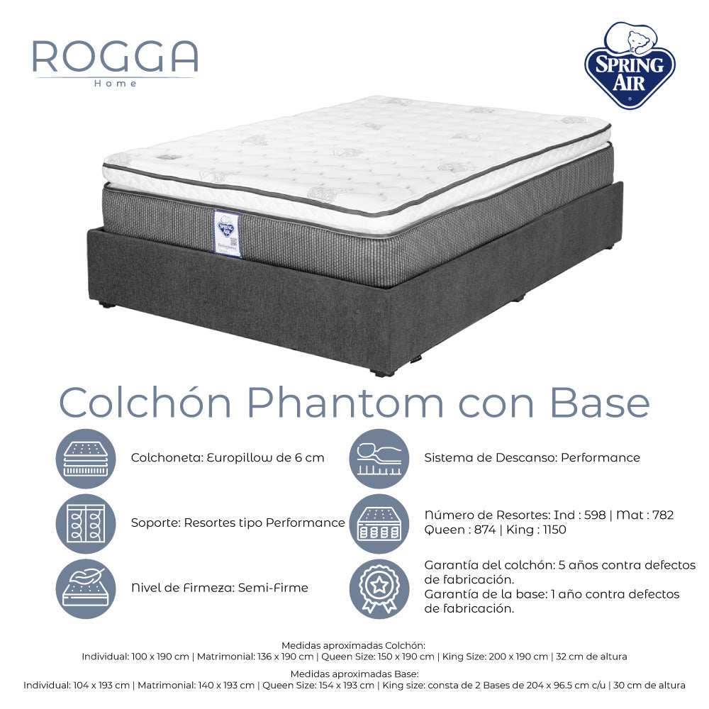 Colchón Spring Air Phantom con Base Cama y Ropa de Cama