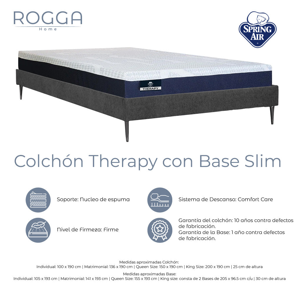 Colchón Spring Air Therapy con Base Slim y Ropa de Cama