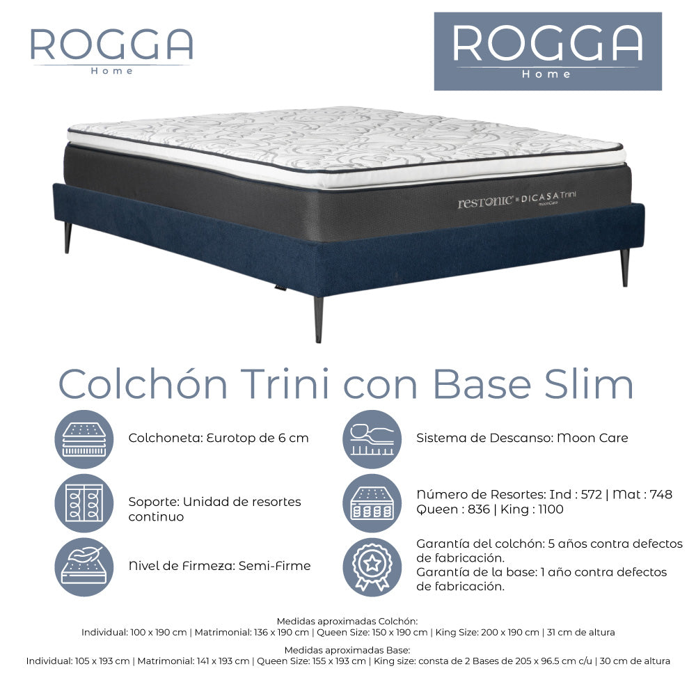 Colchón Restonic Trini con Base Slim y Ropa de Cama