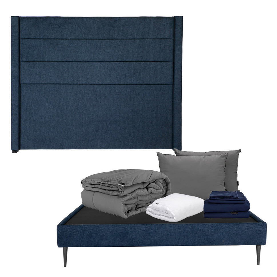 Cabecera Lugo con Base Cama Slim Azul con Ropa de Cama