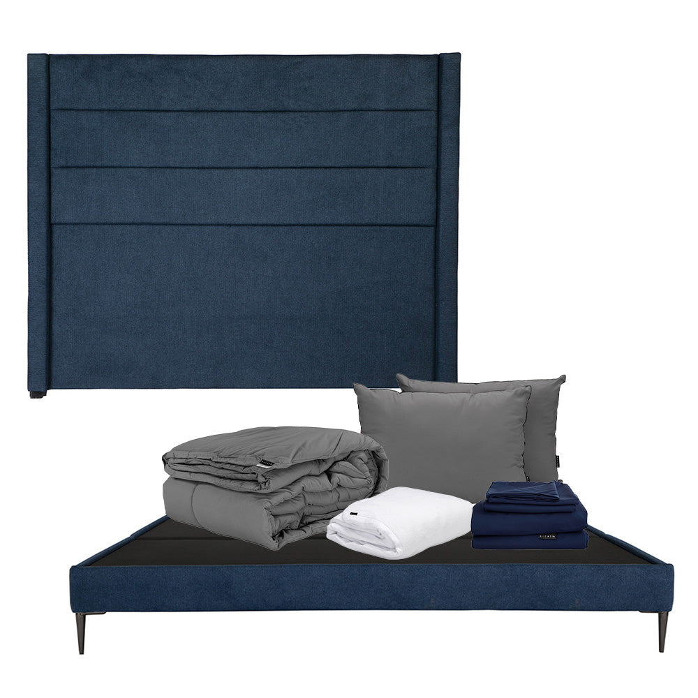 Cabecera Lugo con Base Cama Slim Azul con Ropa de Cama