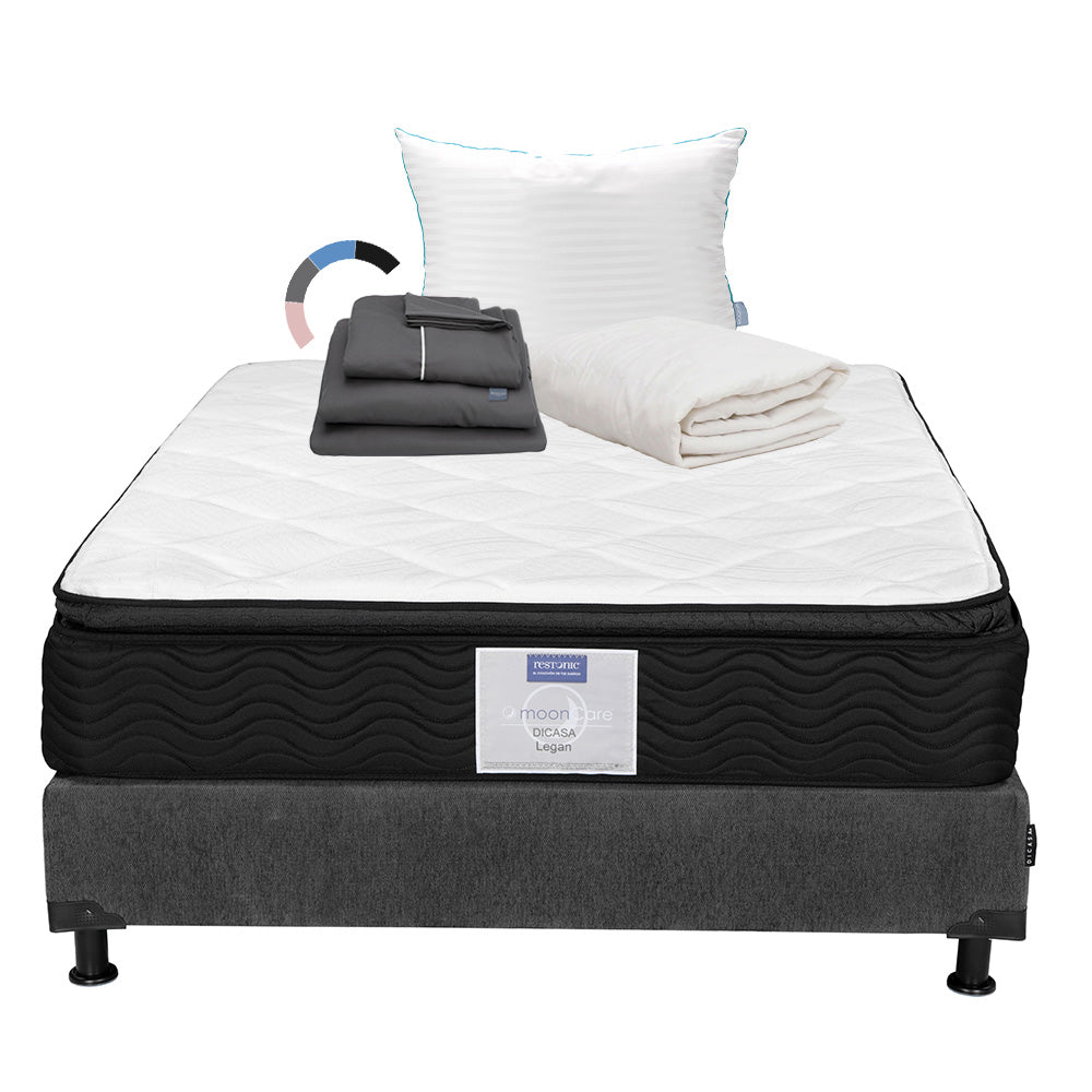 Colchón Restonic Legan con Box Gris Oscuro con Ropa de Cama