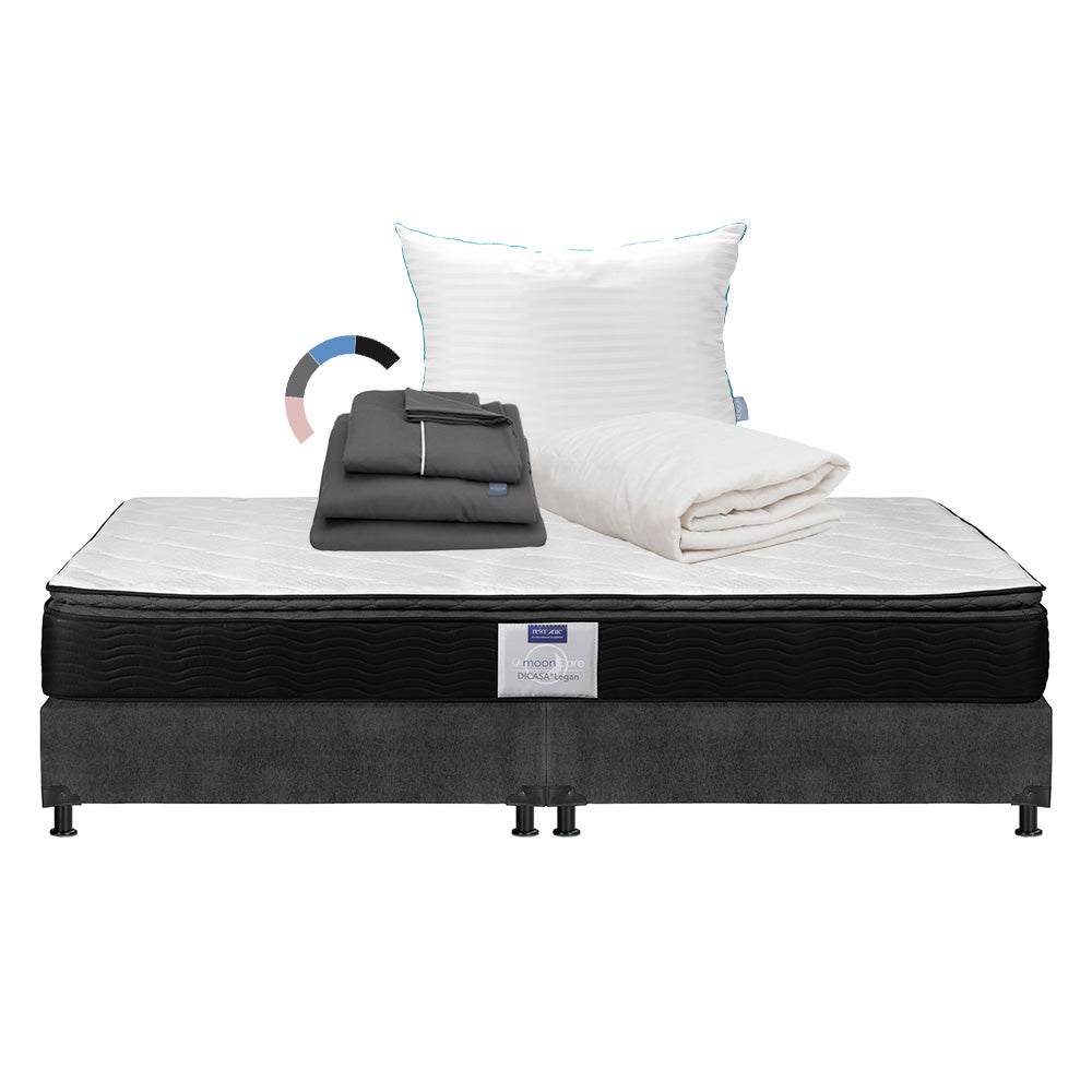 Colchón Restonic Legan con Box Gris Oscuro con Ropa de Cama