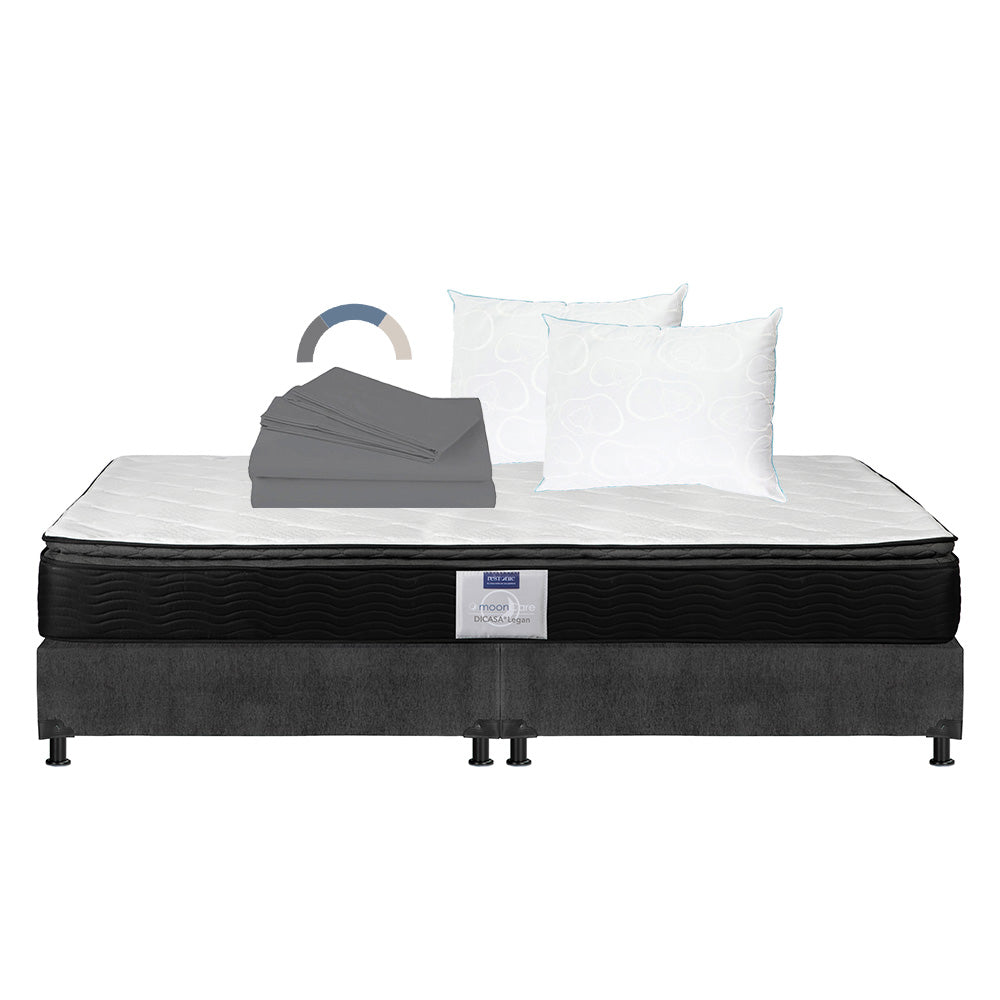 Colchón Restonic Legan con Box Gris Oscuro con Ropa de Cama