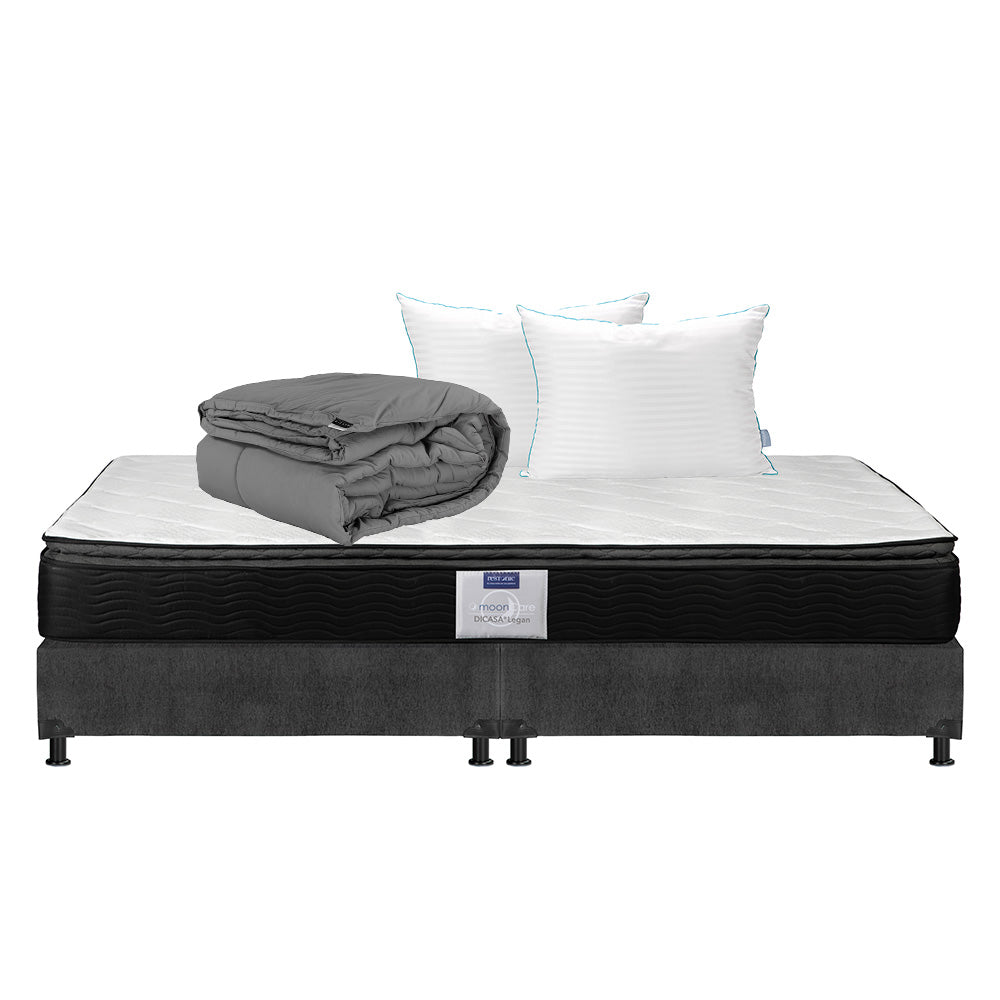 Colchón Restonic Legan con Box Gris Oscuro con Ropa de Cama