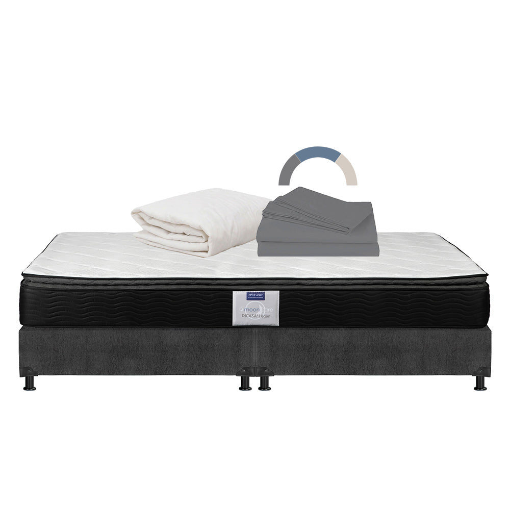 Colchón Restonic Legan con Box Gris Oscuro con Ropa de Cama