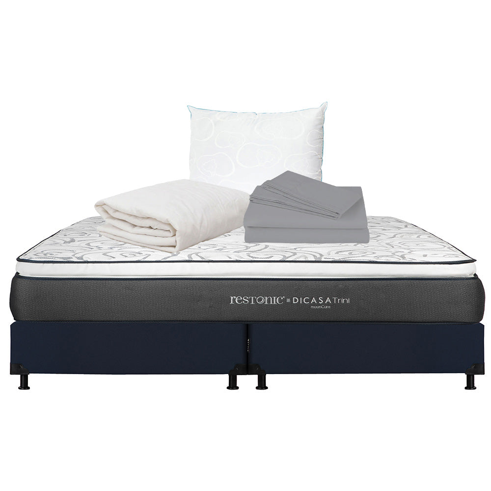 Colchón Restonic Trini con Box Azul con Ropa de Cama